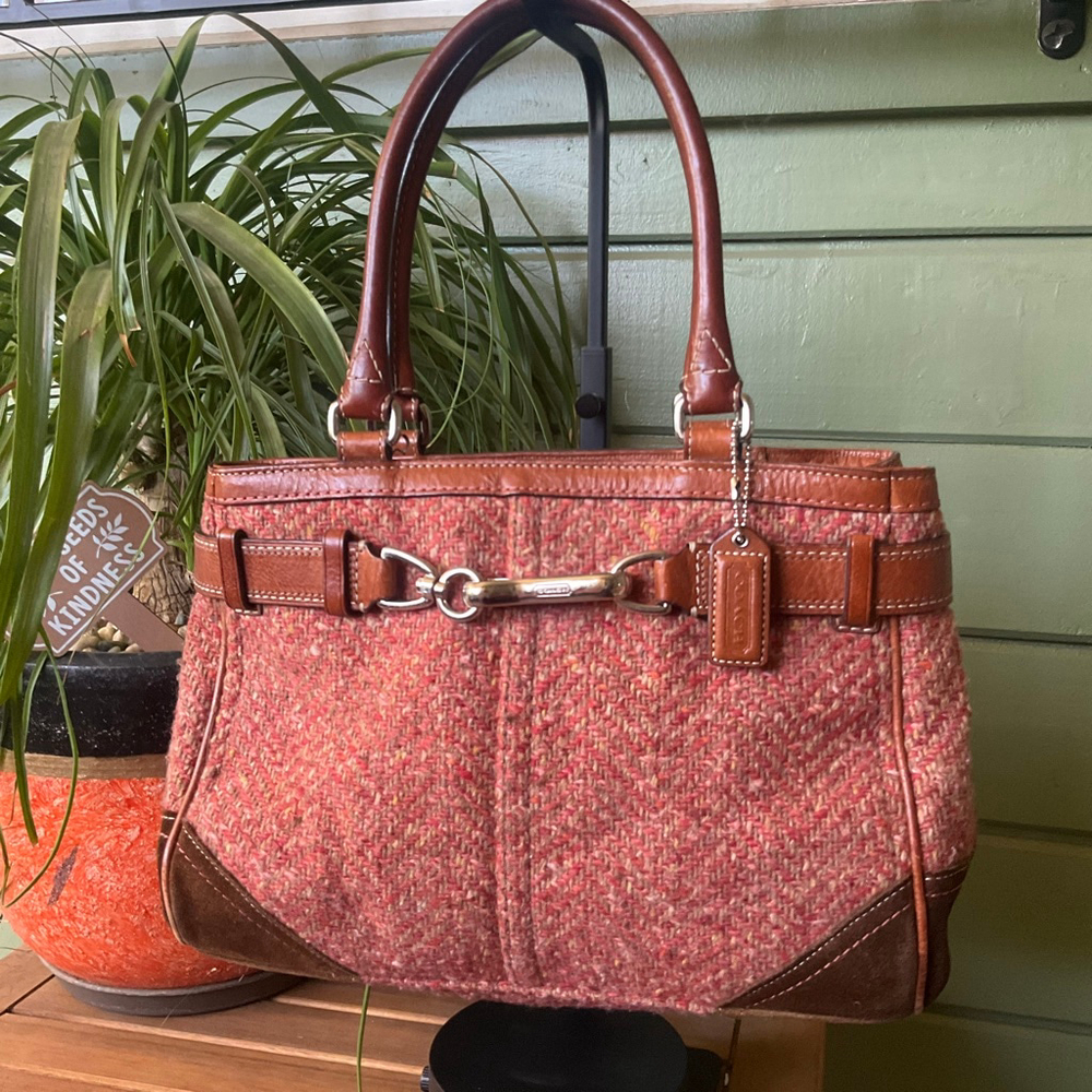 Coach Hampton Pink Tweed & Cognac Brown Leather EUC Vintage Y2K